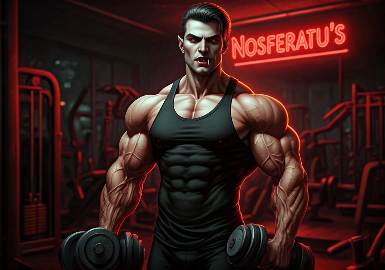 Muscular Vampire Lifting Weights in Arcanepunk Gym