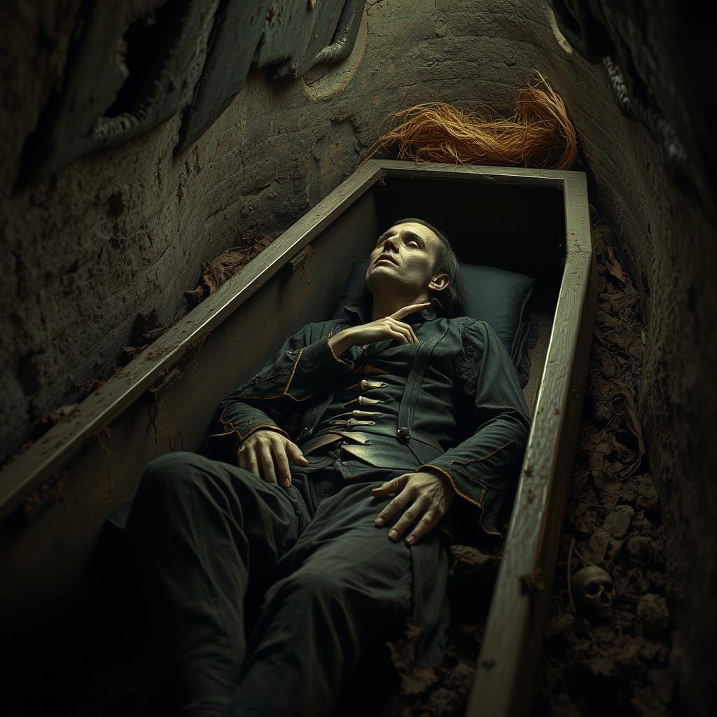 Gothic Coffin Dweller in Dark, Eerie Atmosphere