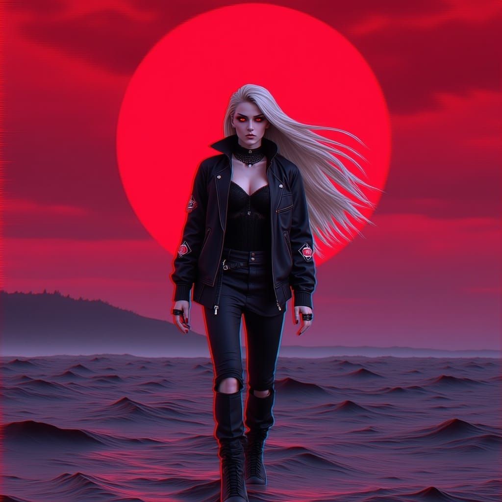 Cyberpunk Woman in Red Glitch Anime Style