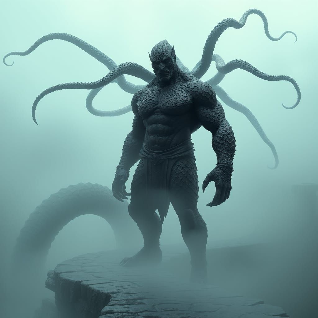 Muscular Warrior Stands on Serpentine Path in Eerie Fog