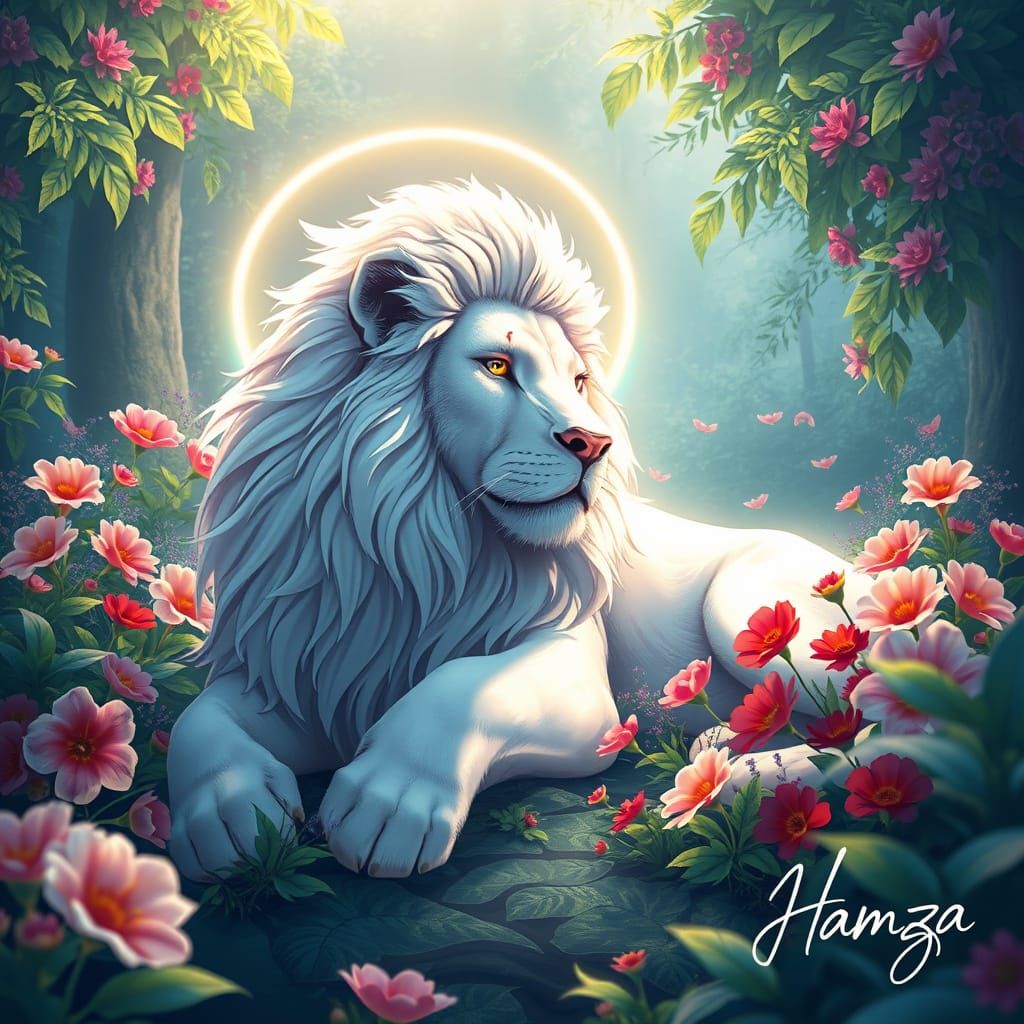 Majestic White Lion in Serene Paradise Garden