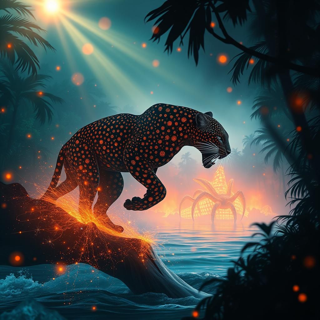 Leopard Hunting Xenomorph in Electric Jungle