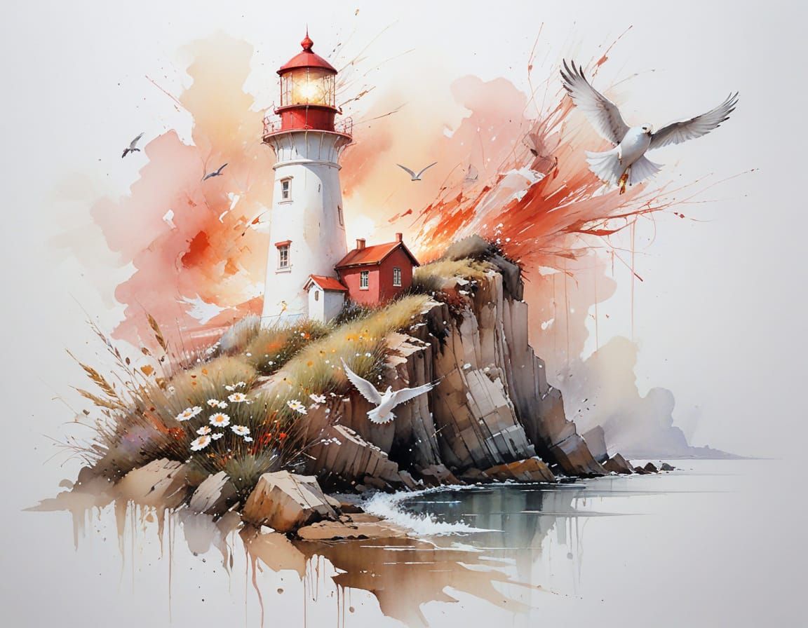 Sunrise Lighthouse on Coastal Cliff with Painterly Realism