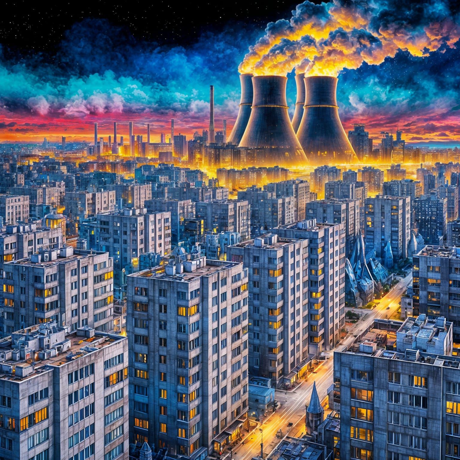 Post-Soviet Brutalist Cityscape Under Night Sky