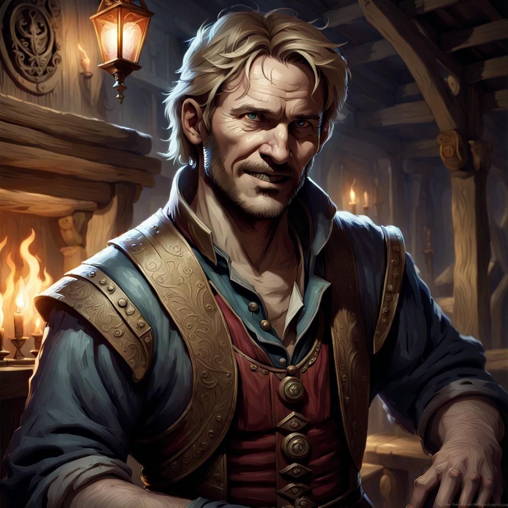 Desolate Innkeeper Alaric in Forsaken Tavern: Dark Fantasy A...