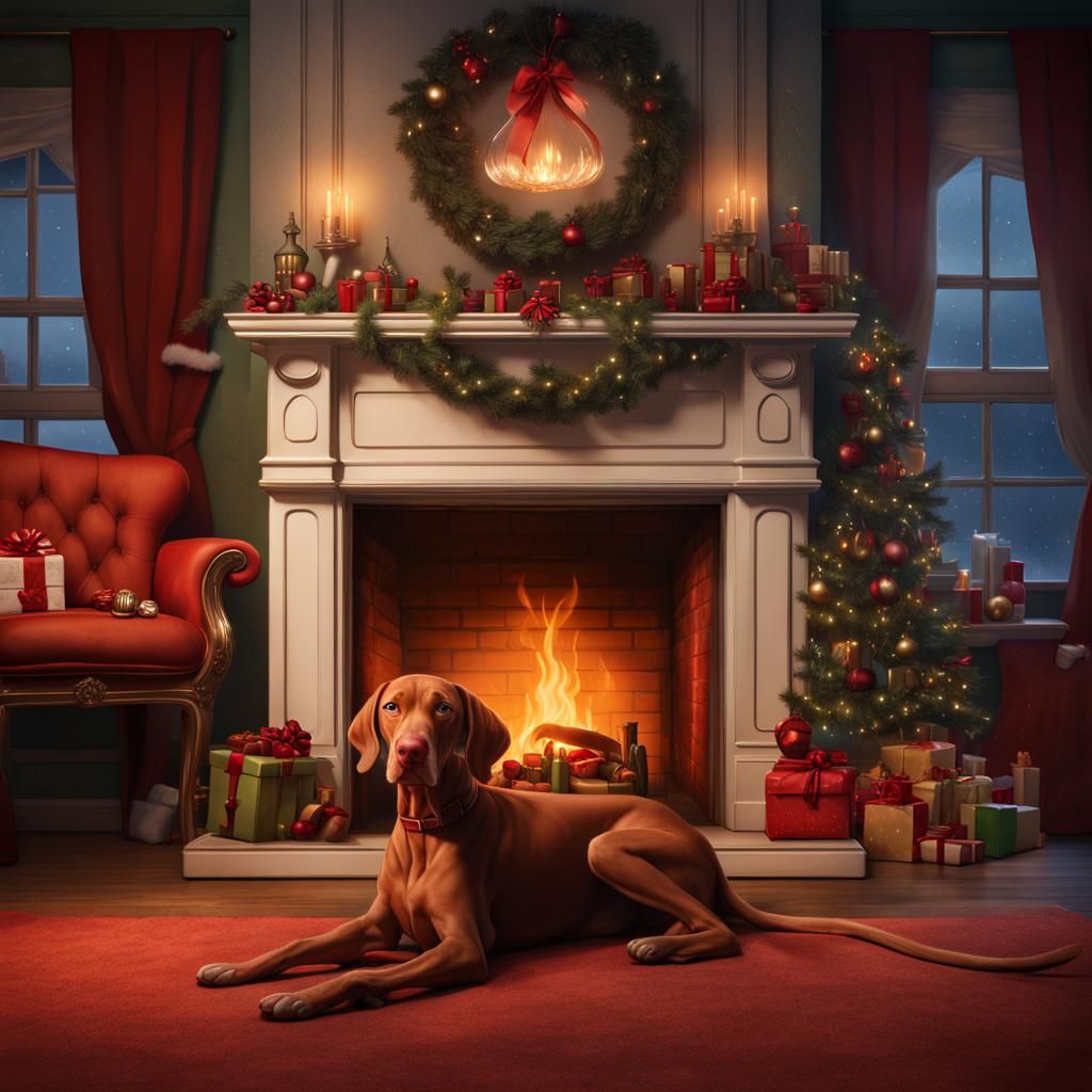 Vizsla Waits for Santa: Detailed Matte Painting