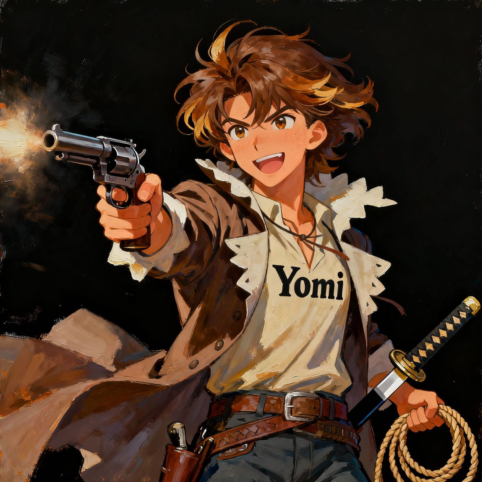 Anime Cowboy with Samurai Sword and Gun