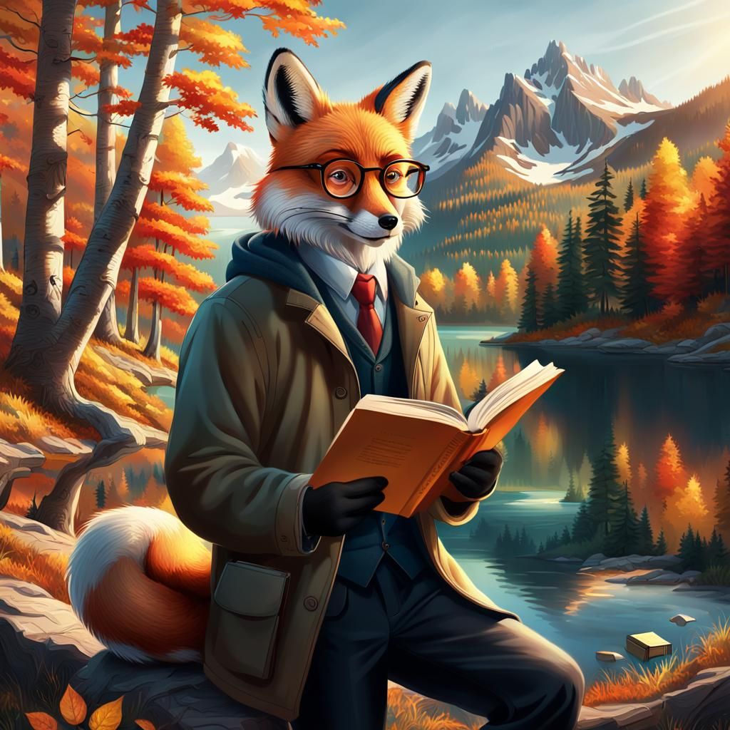 Fox-Man Reads in Autumnal Forest: Digital Art