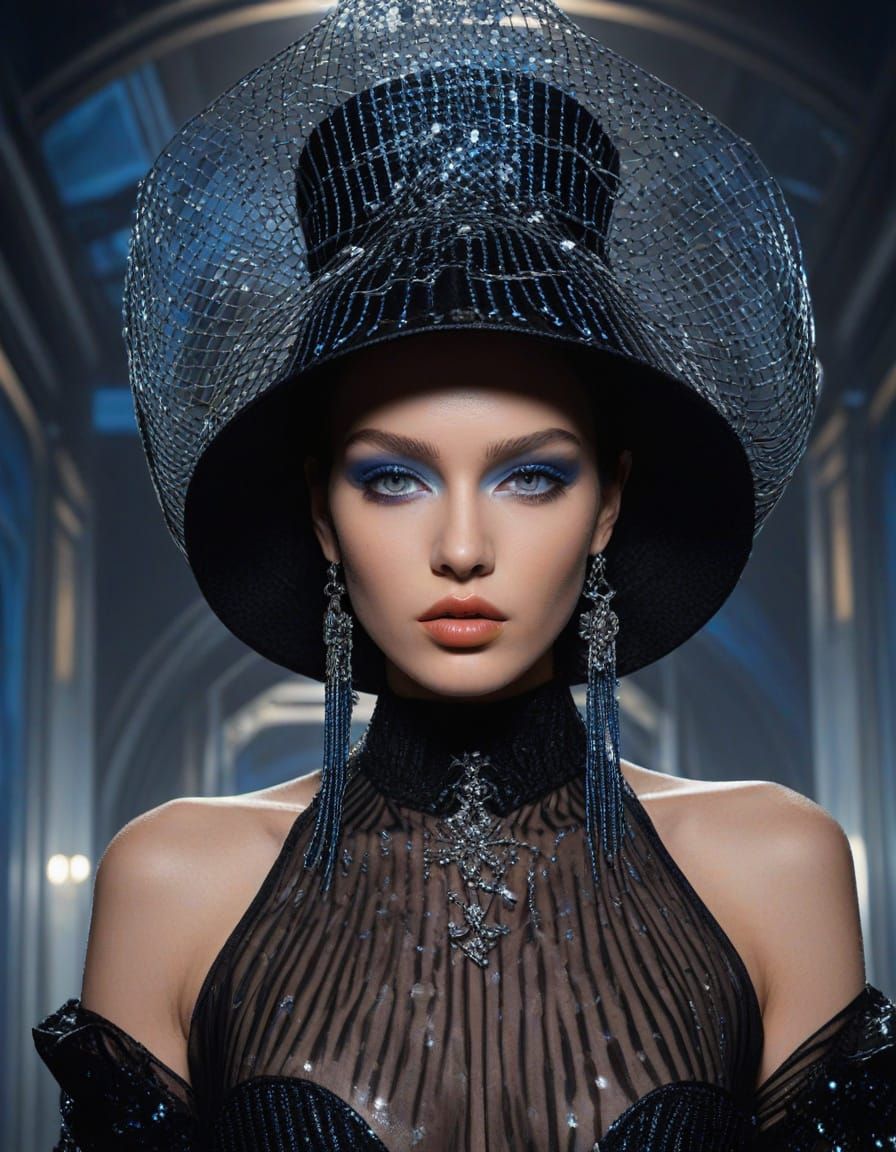 Haute Couture Model in Metallic Black Gown