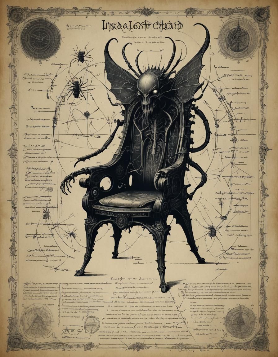 Insectoid Chair Blueprint in Lovecraftian Horror Style