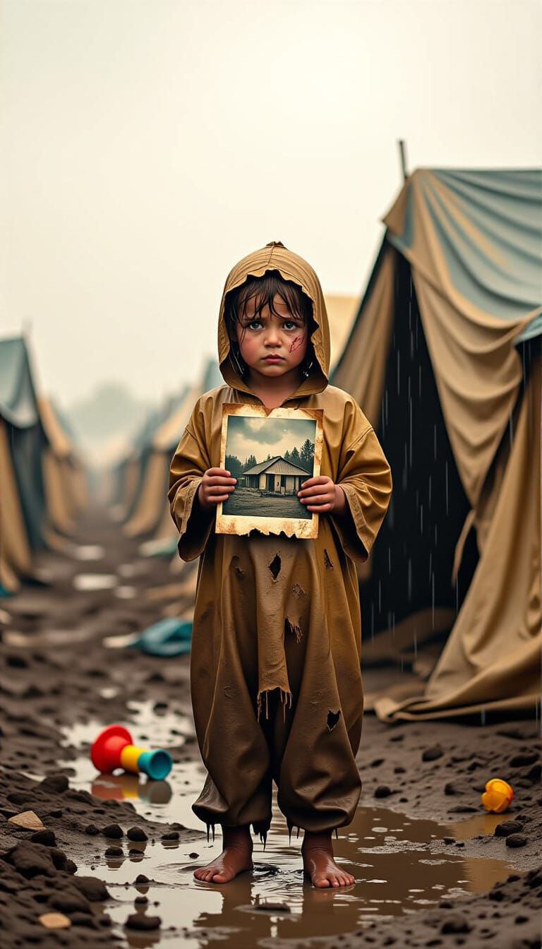 Child's Sadness in Refugee Camp with Faded Photo