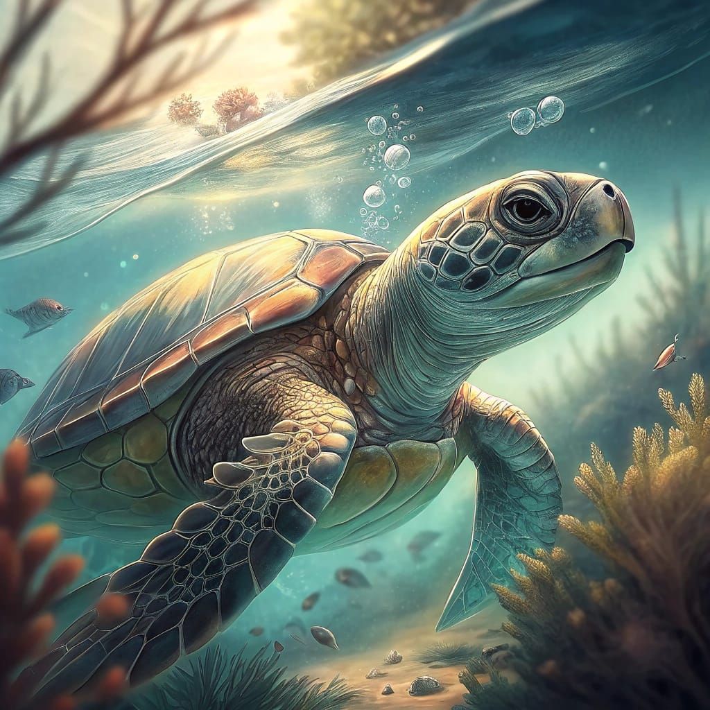 Majestic Turtle in a Tropical Aquarium