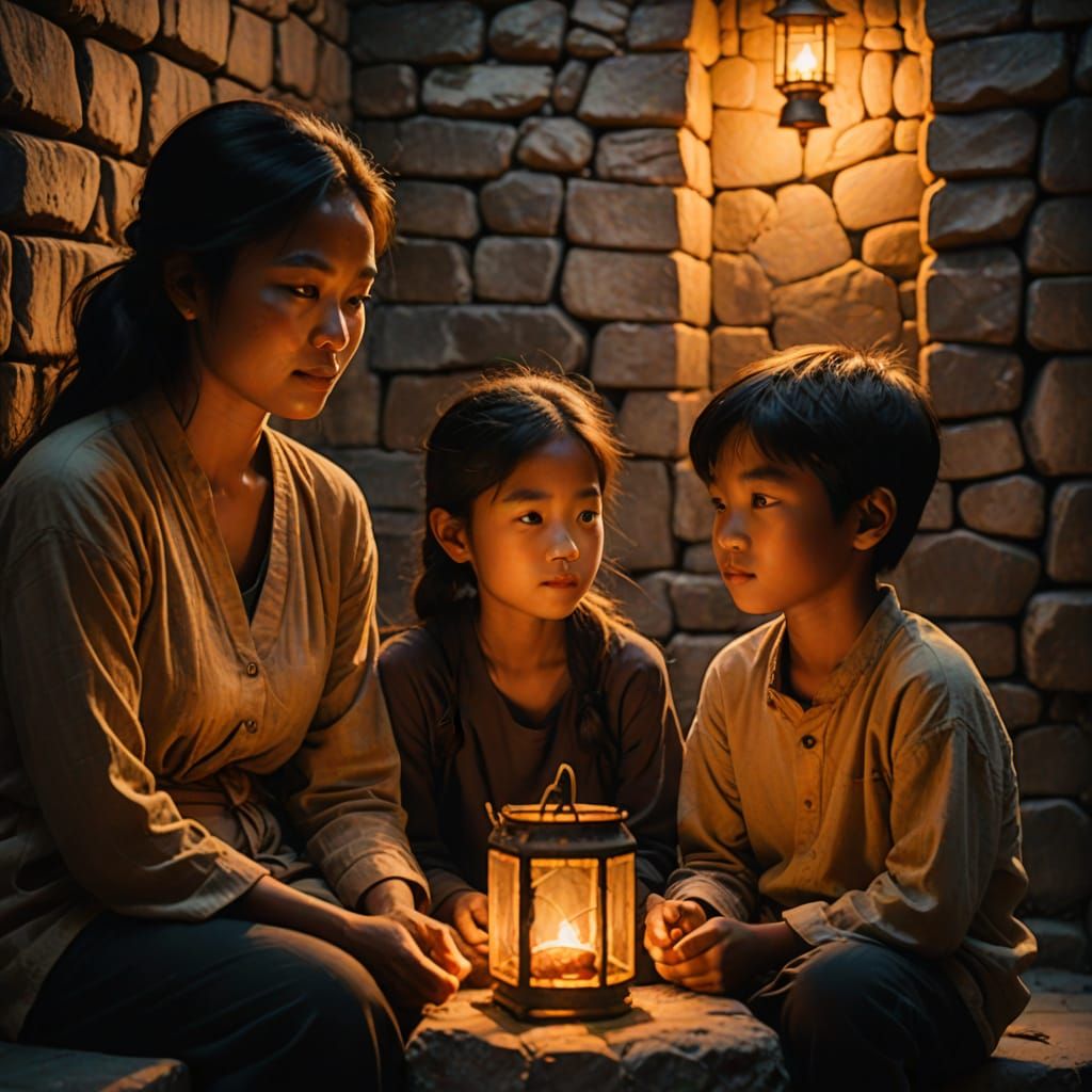 Warm Lantern Light in Thai Cave: Oil Painting Style