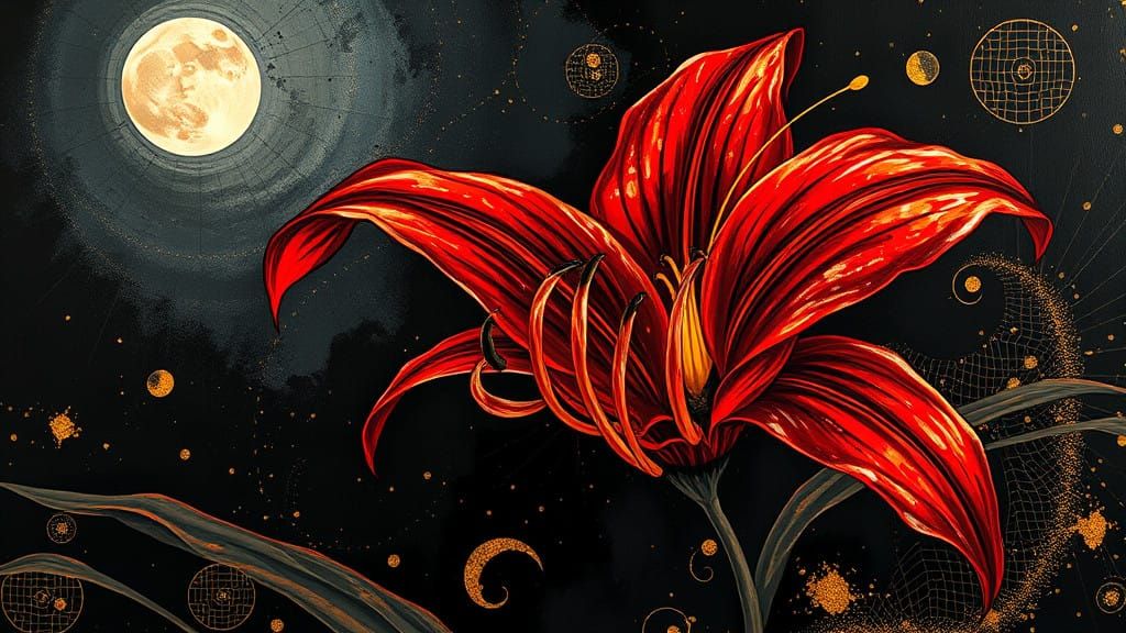 Dramatic Red Lily in Moonlit Night, Art Nouveau Style
