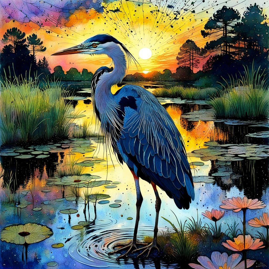 Heron at Sunset Pond in Mixed Media Style