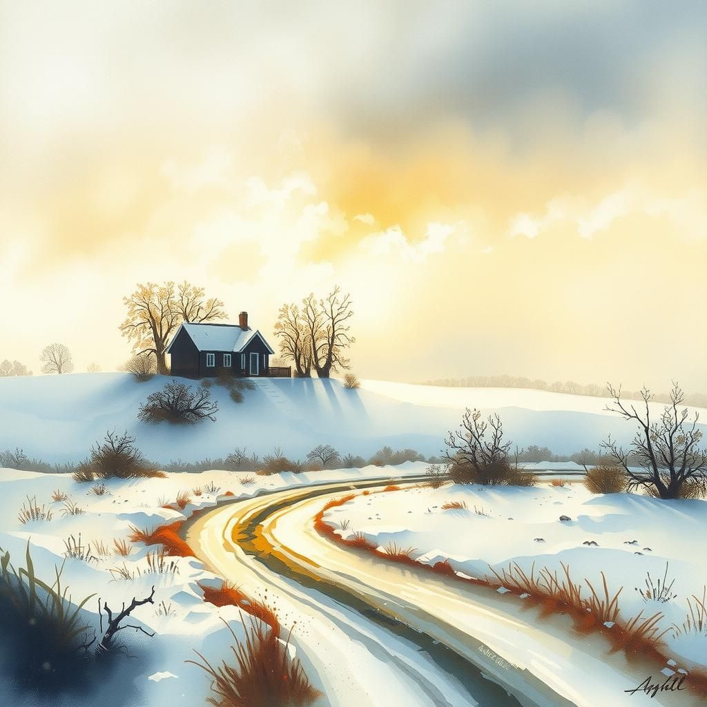 Winter Cottage Landscape in Watercolor Style