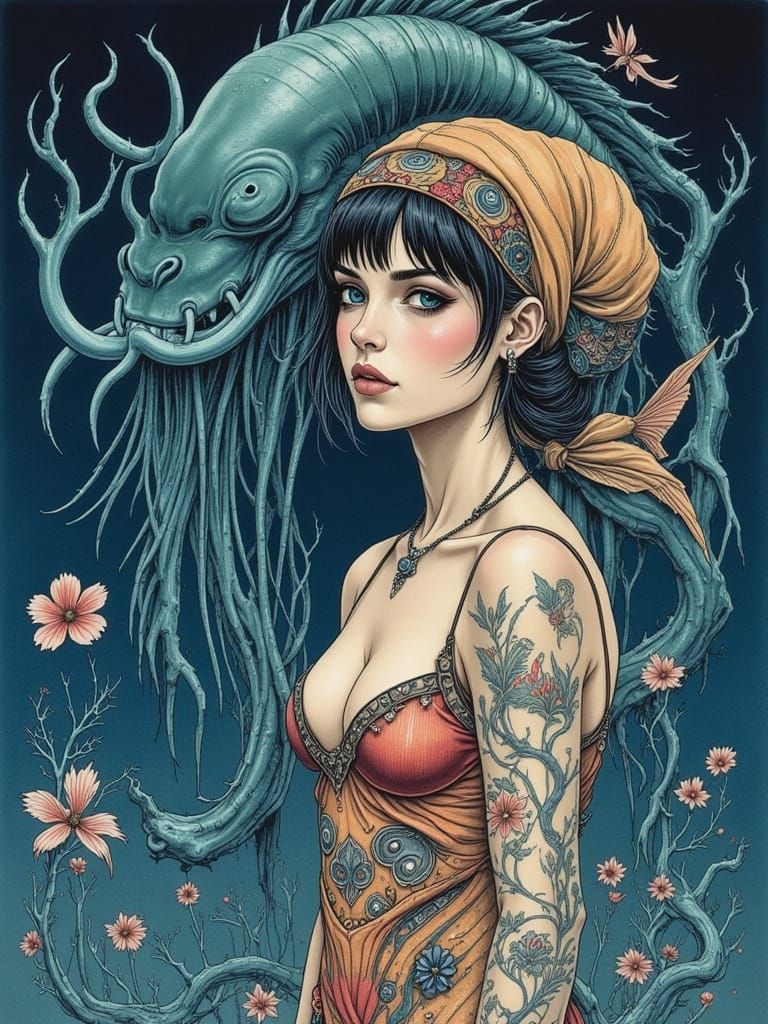 Etruscan Statue and Koi Woman, Watercolour Painting