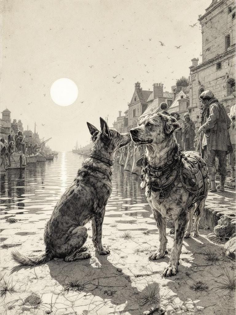 Scrimshaw Dog in Sunlight with Stippling and Cross-Hatching