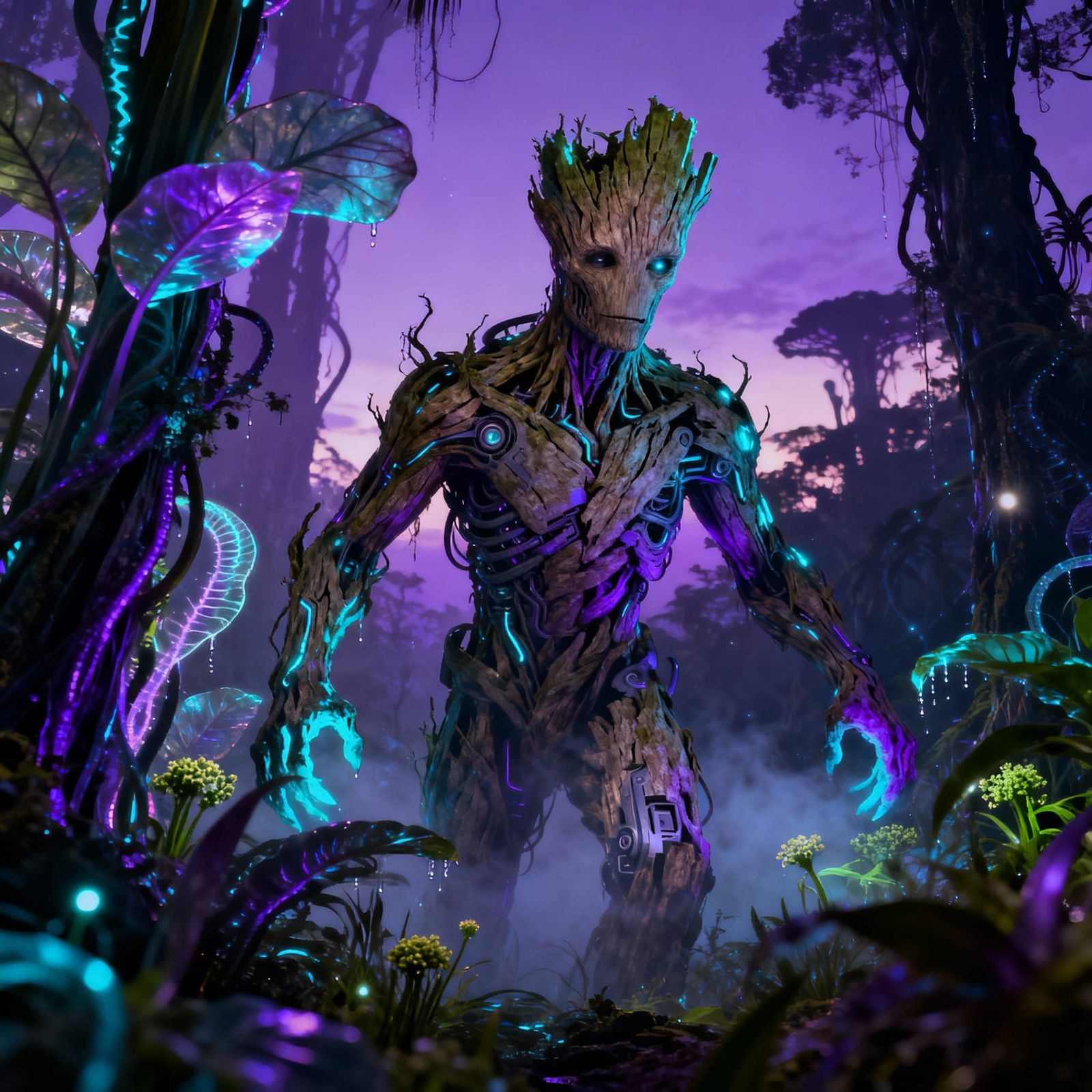 A bioluminescent Groot-like entity emerges from a shimmering...