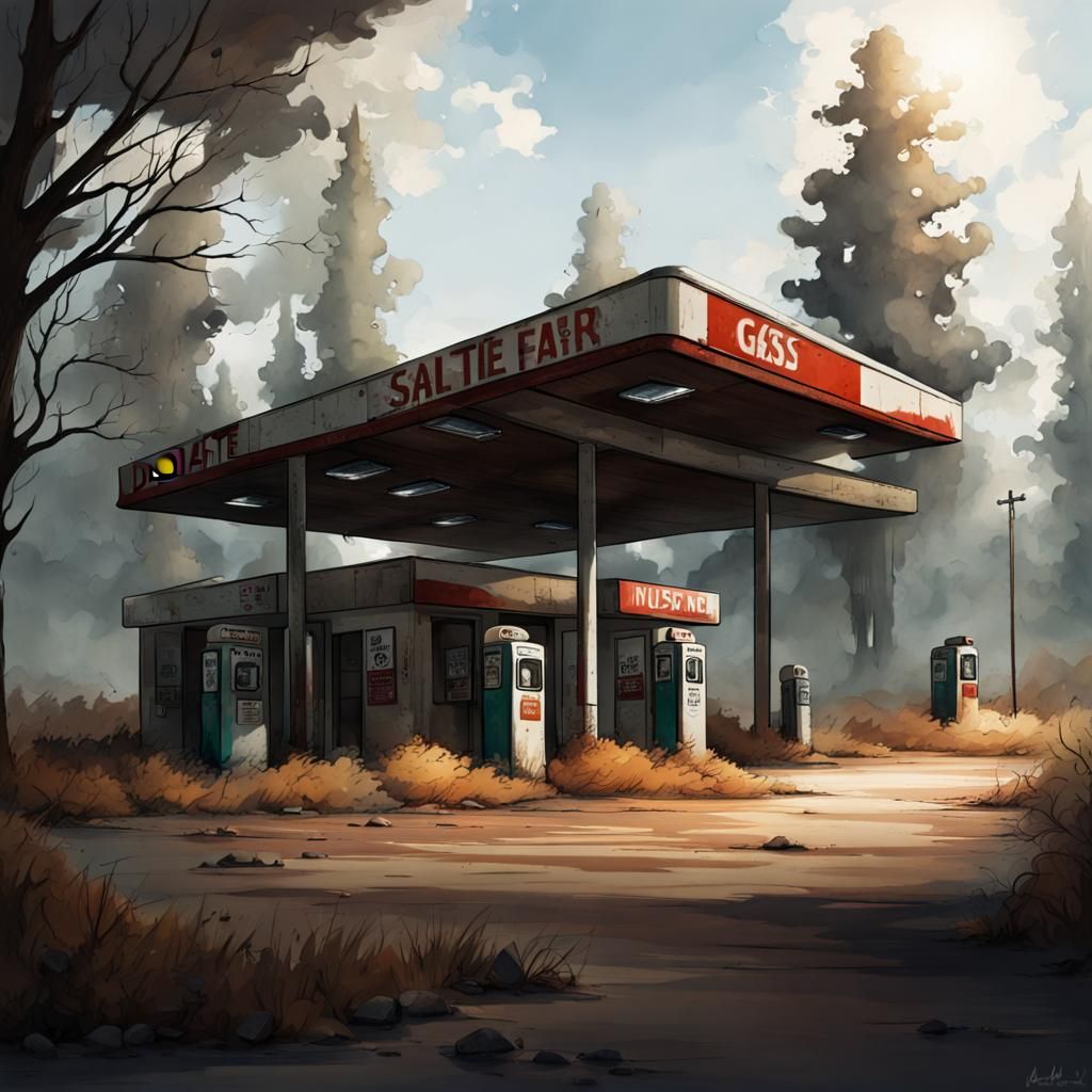 Desolate Gas Station in Empty Landscape