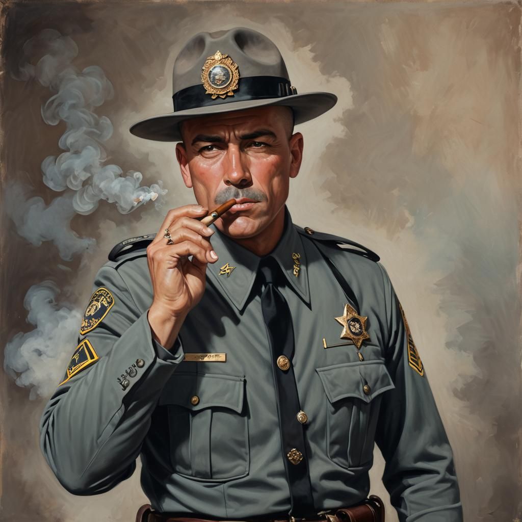 Buzzcut State Trooper Smoking Cigar with Attitude