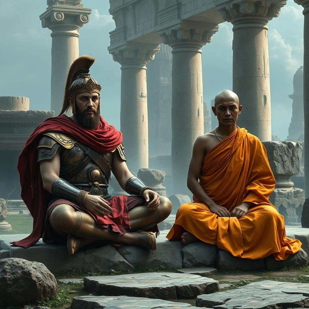 Ancient Greek Warrior Meets Buddhist Monk in Mystical Landsc...