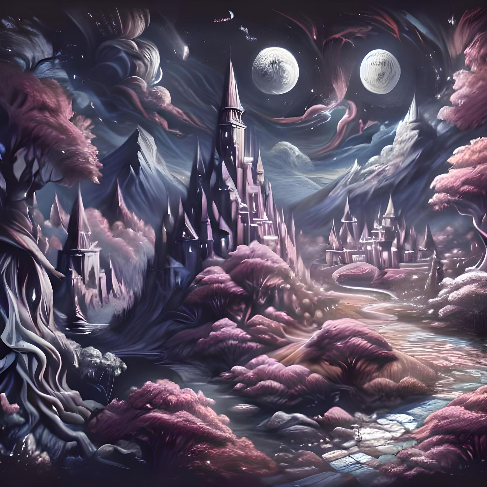 Diamond Castle Floating on Crystal in Night Sky