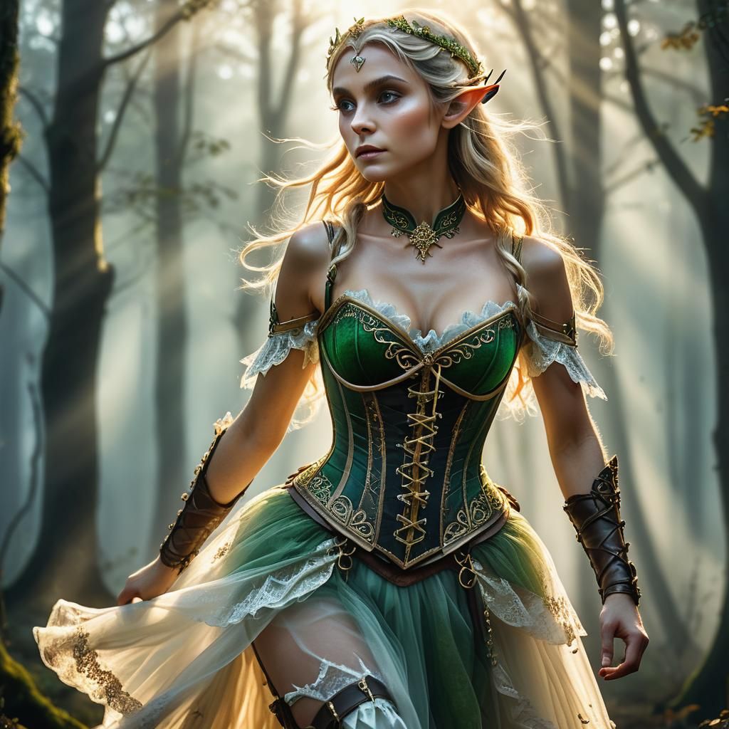 Female Elf Flies Through Misty Woods
