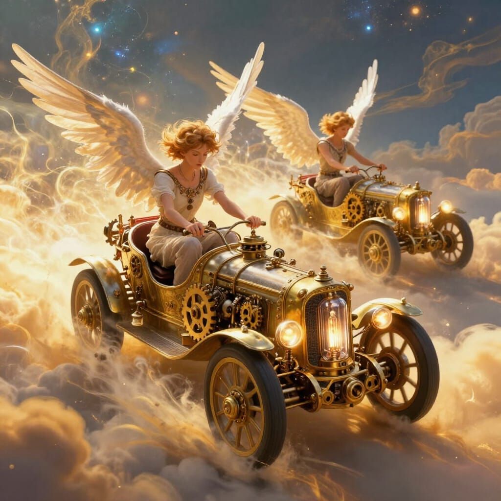 Steampunk Angelic Cars Race Through Celestial Clouds