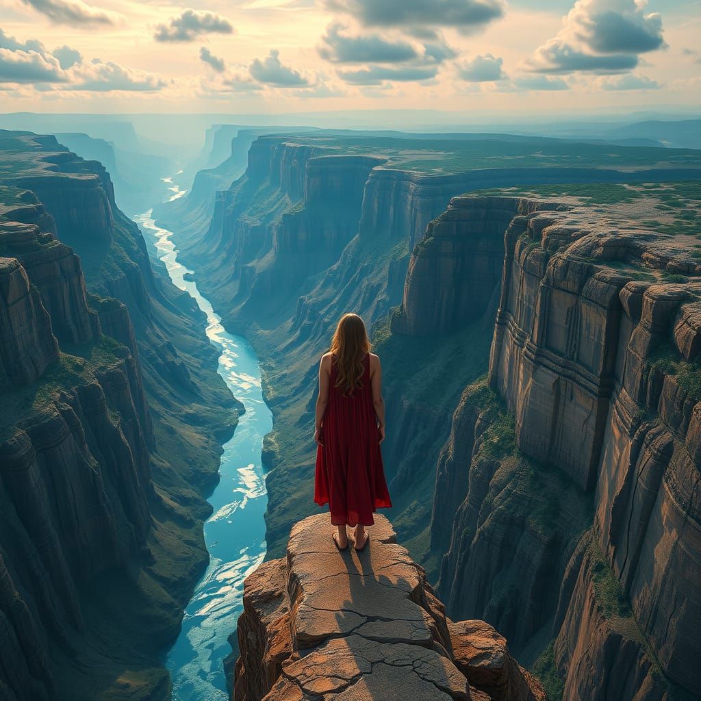 Woman Gazes at River Canyon, Motion Meets Depth