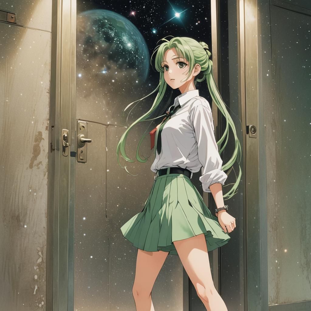 Anime Girl at Stardust Doorway in Cel-Shaded Style