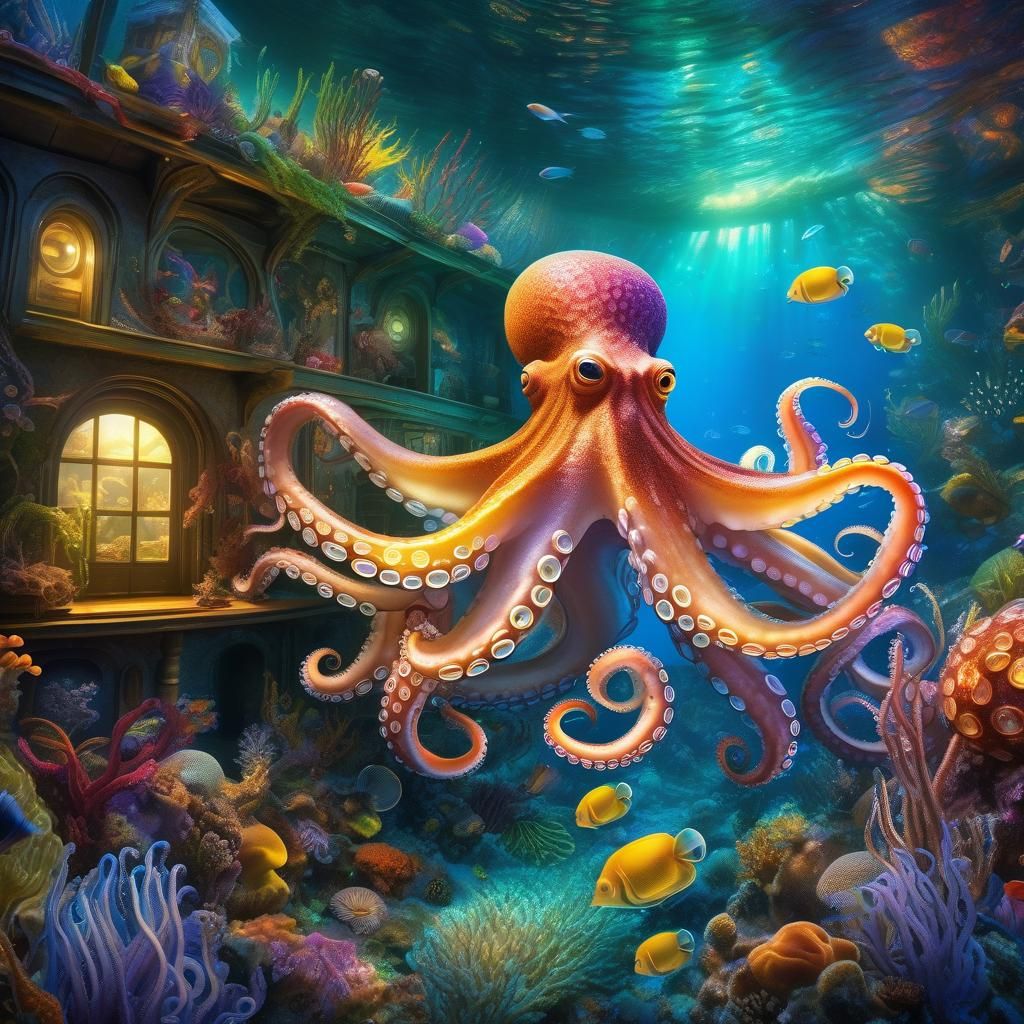 Glittery Octopus in Underwater Home, Hyperdetailed Fantasy