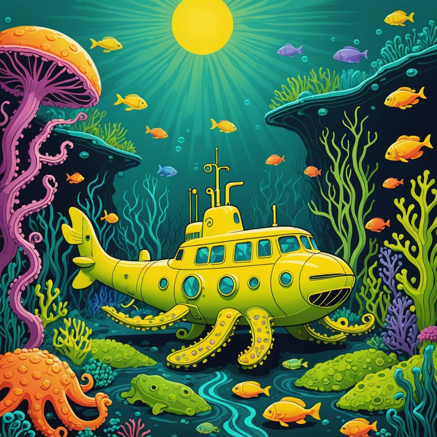 Yellow Submarine Stranded in an Octopus' Garden in a Sea of Green