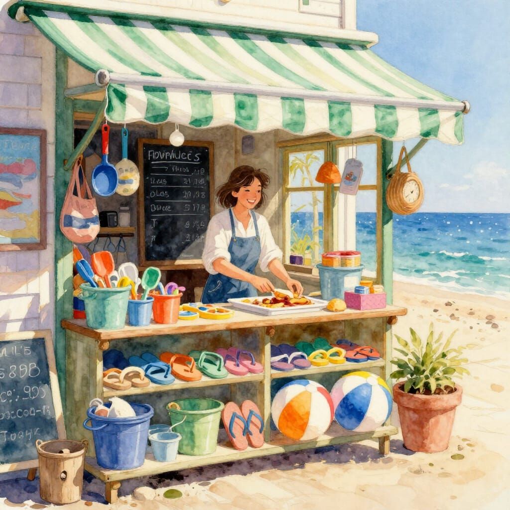 Joyful Seaside Shop Scene in Watercolor Style