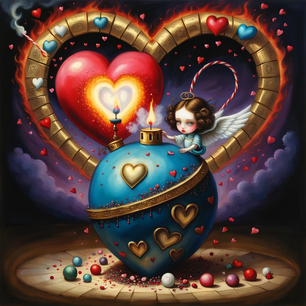 Exploding Heart Bomb: Surreal Art Nouveau