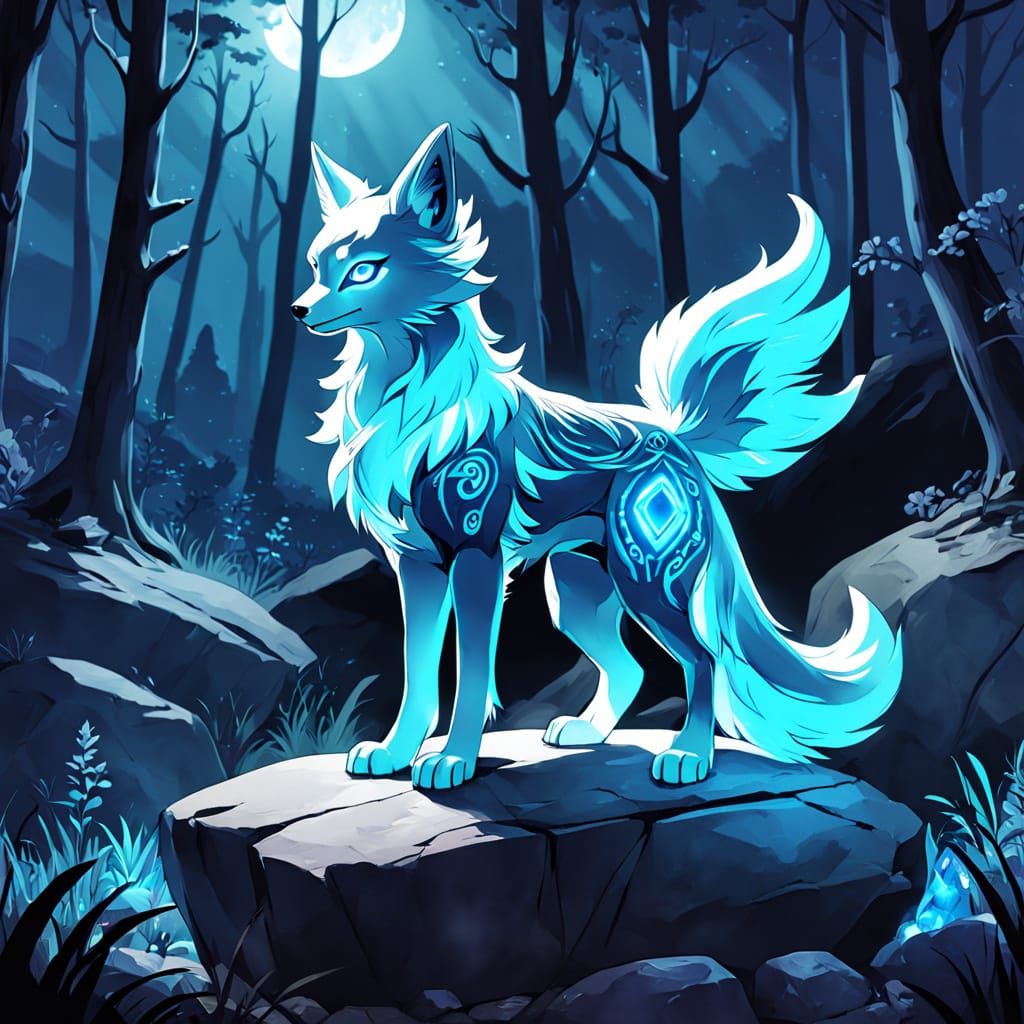 Luminous Gumiho Statue in Moonlit Forest