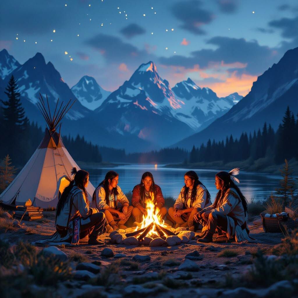 Native Tribe Campfire Under Mountain Peaks