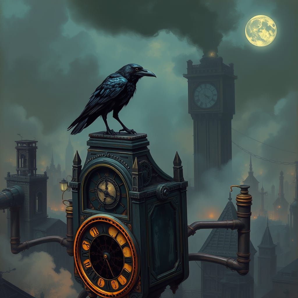 Gothic Raven in Steampunk City, Dark Fantasy Art