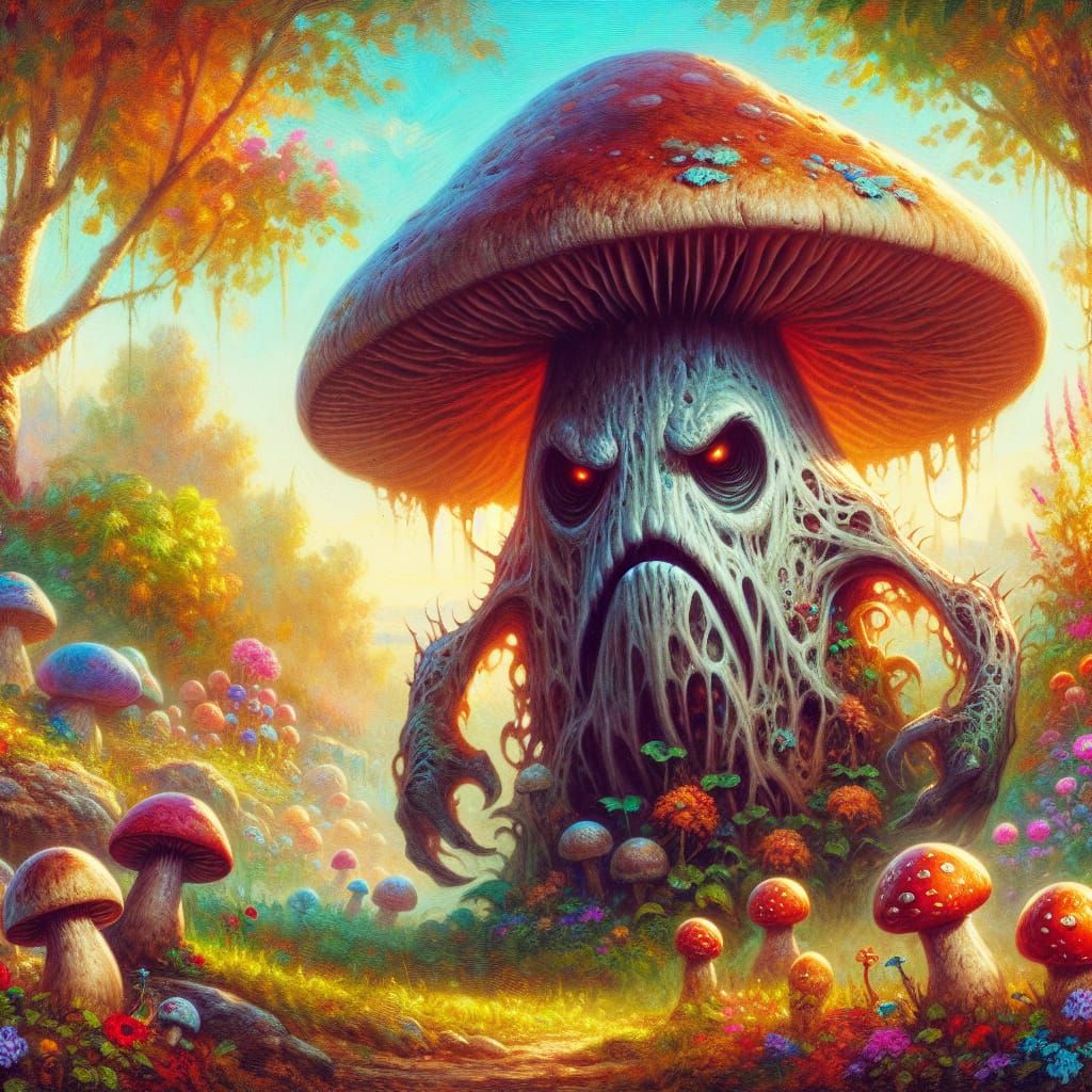 Sinister Deathcap Mushroom Strolls through Vibrant Garden