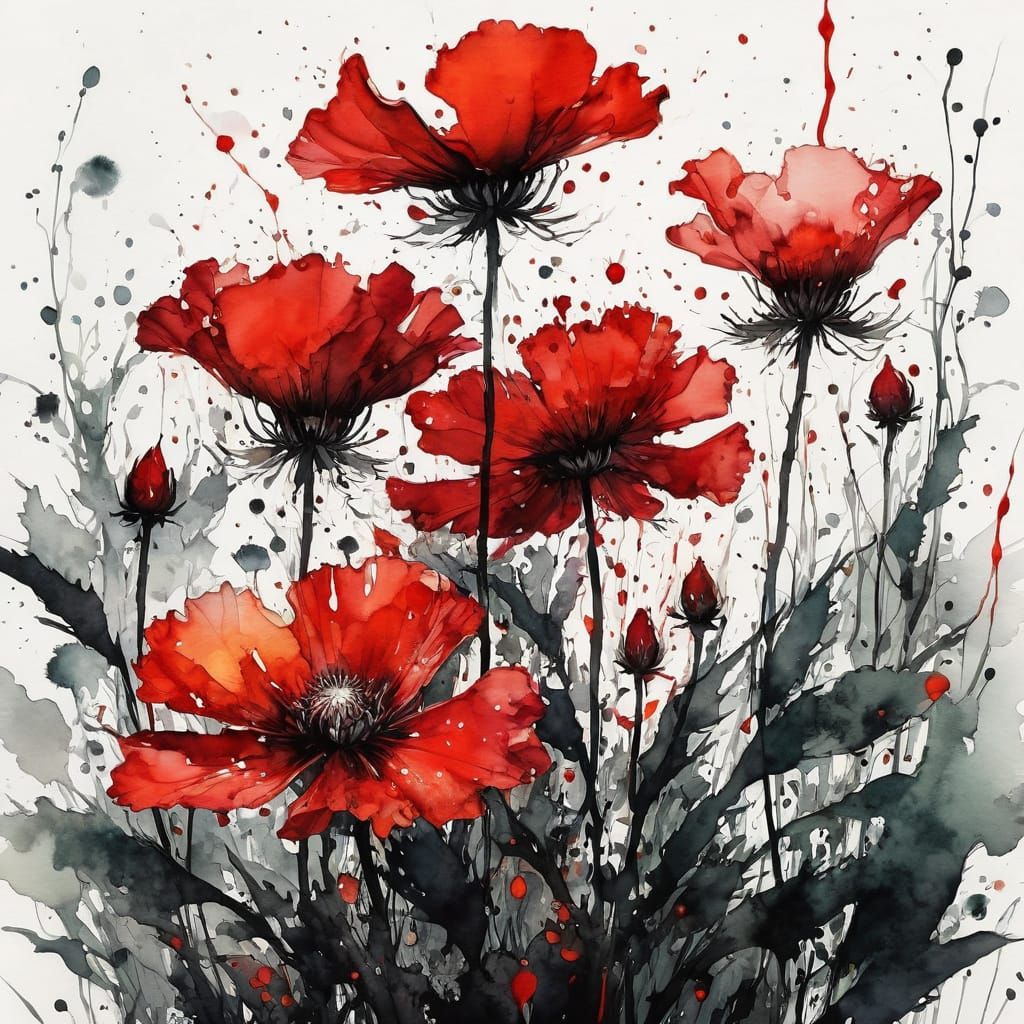 Monochrome Red Wildflower Ink Illustration