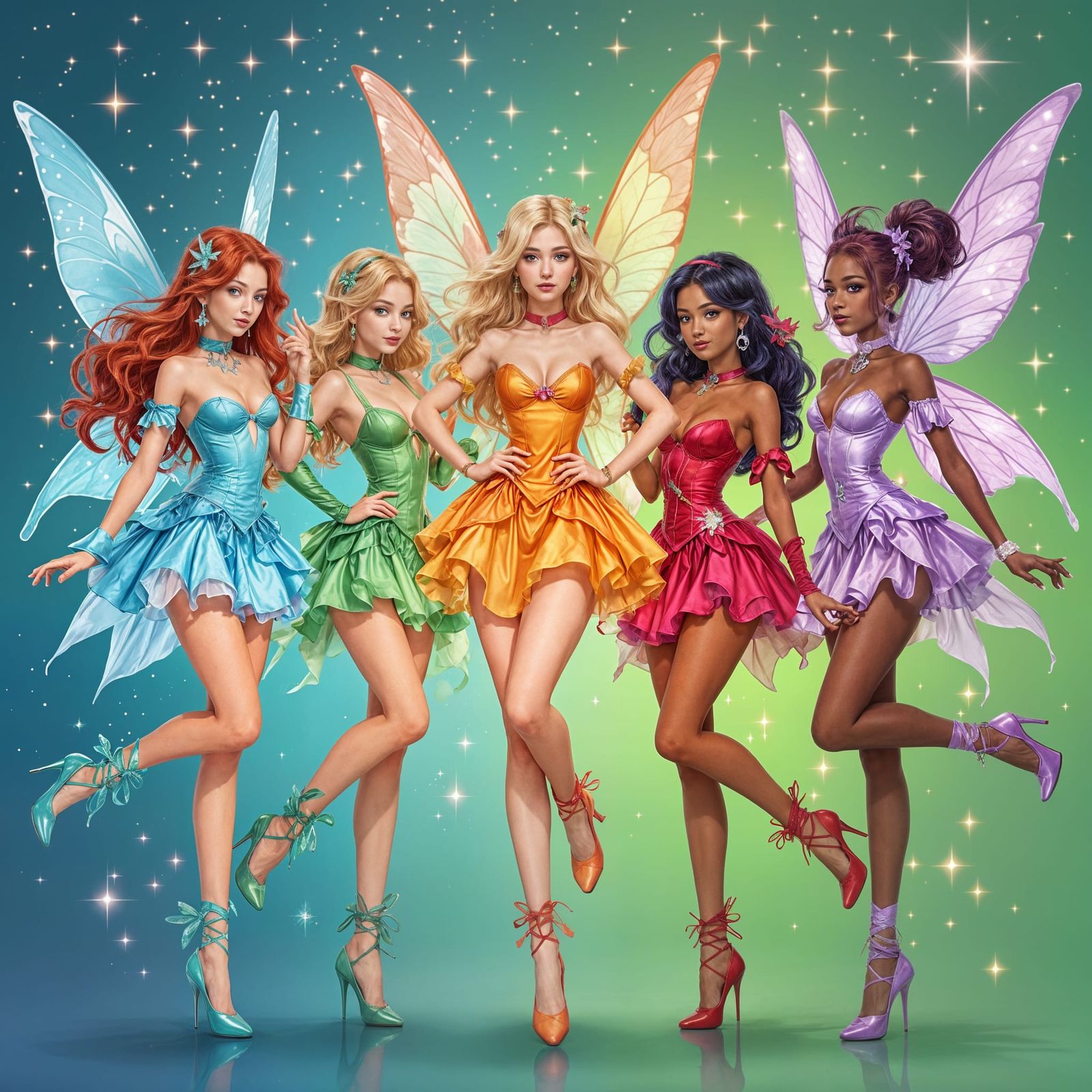 Five Vibrant Fairies in Colorful Panels