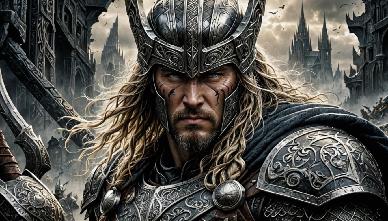 Thor-like Warrior in Eerie Landscape, Hyperrealistic Concept...