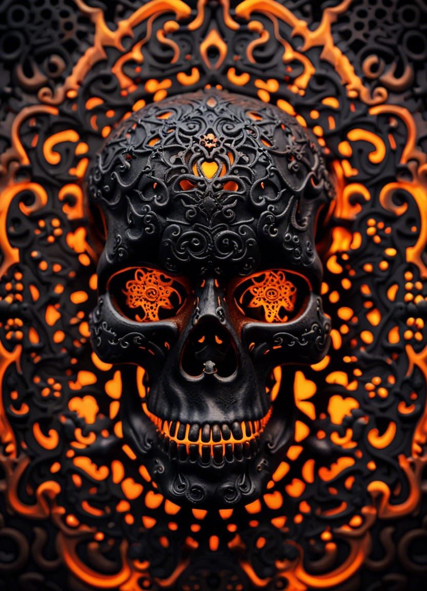 Creepy Black Skull with Ornate Details and Glowing Eyes