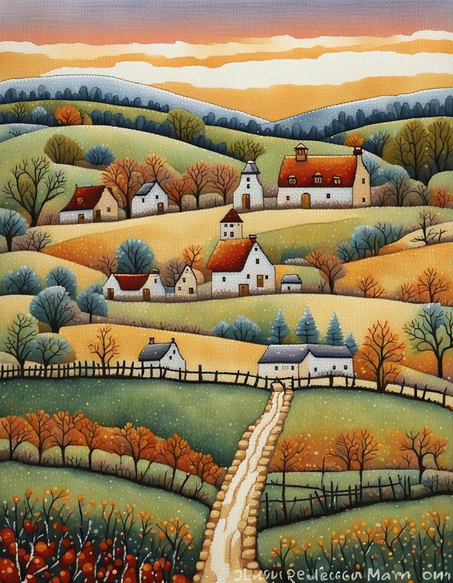 Winter Farm in Gouache Cross Stitch Style