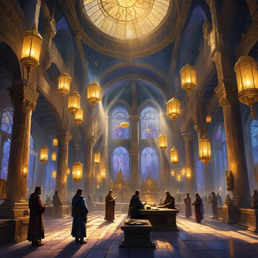 Atlantean Scholars Study Mathematics in Ethereal Temple