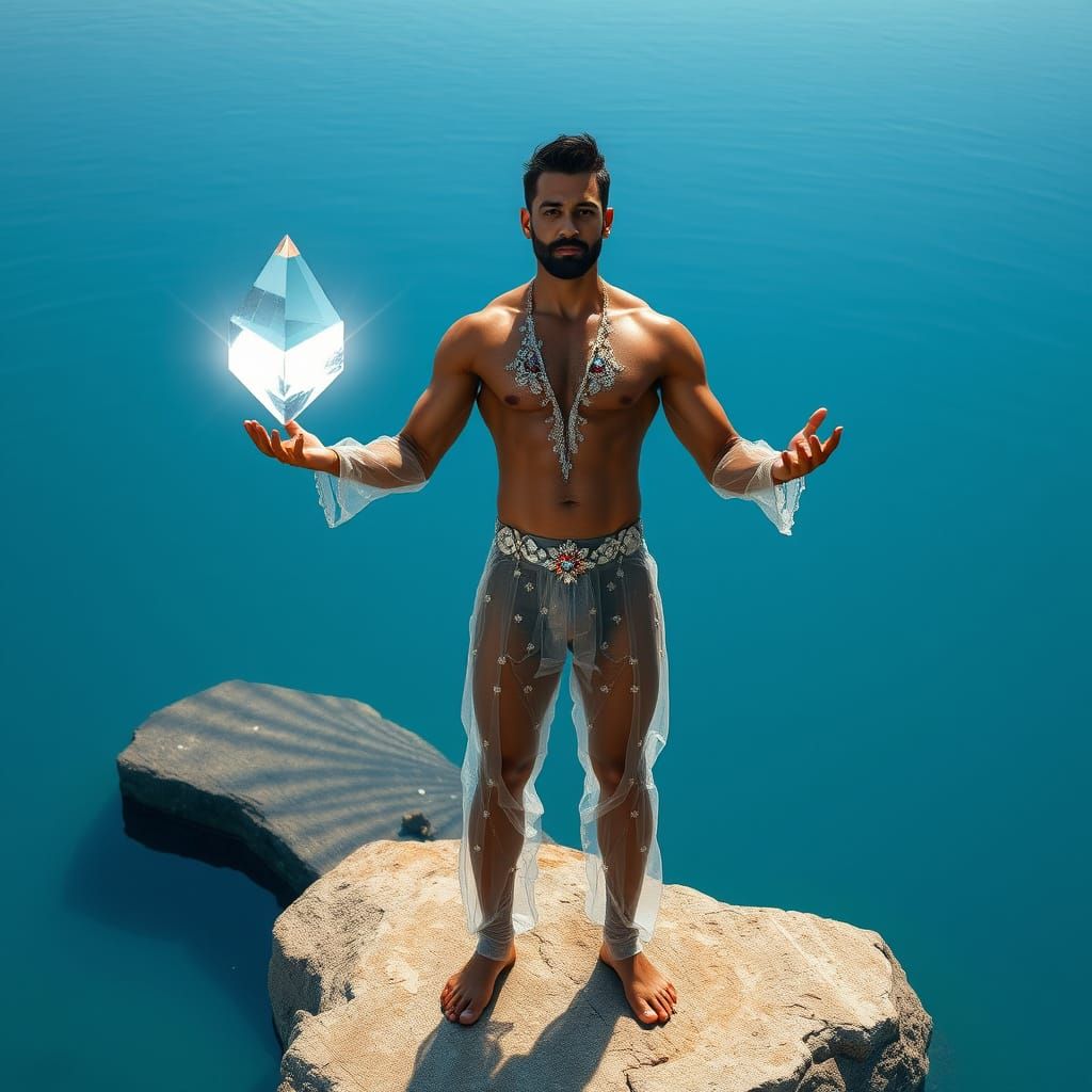 Indian Man with Prism in Blue Lake, Photorealistic