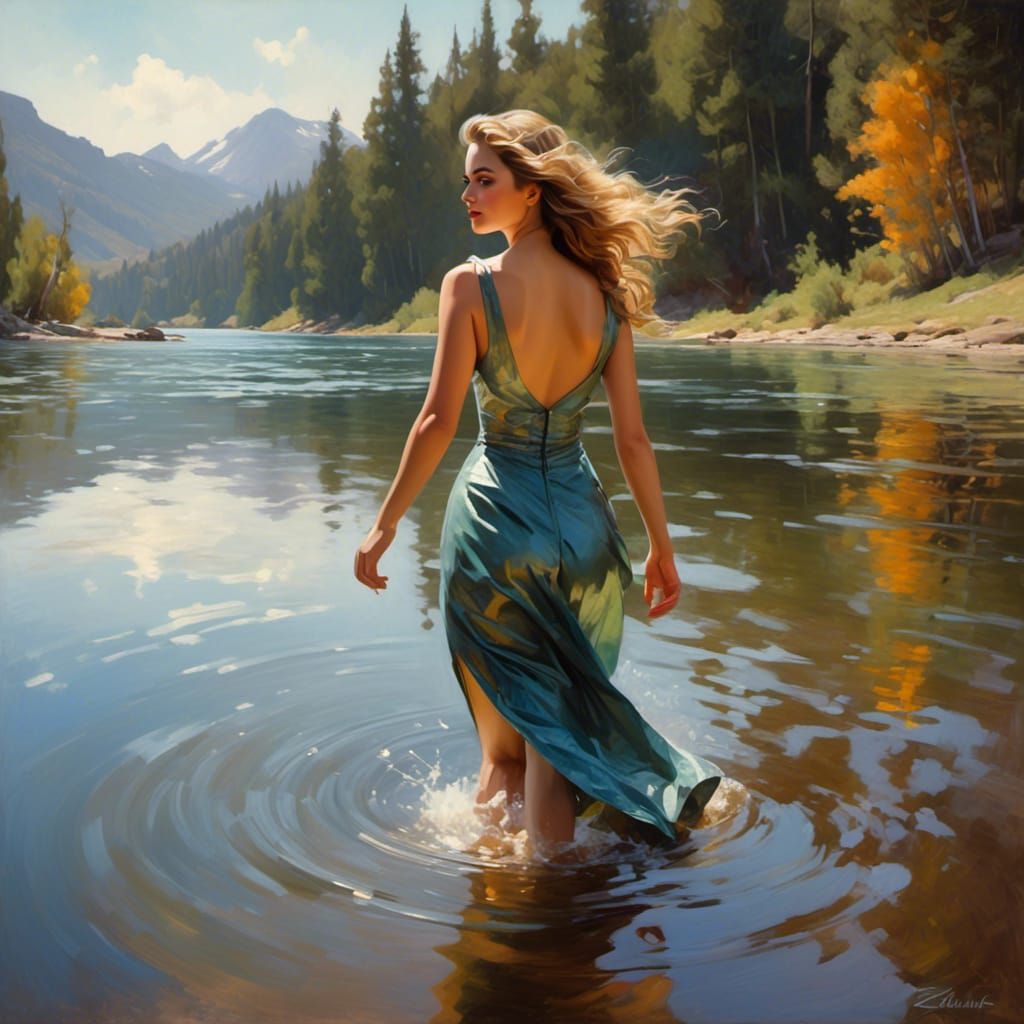 Woman Emerges from Lake in Hyperrealistic Splash Art