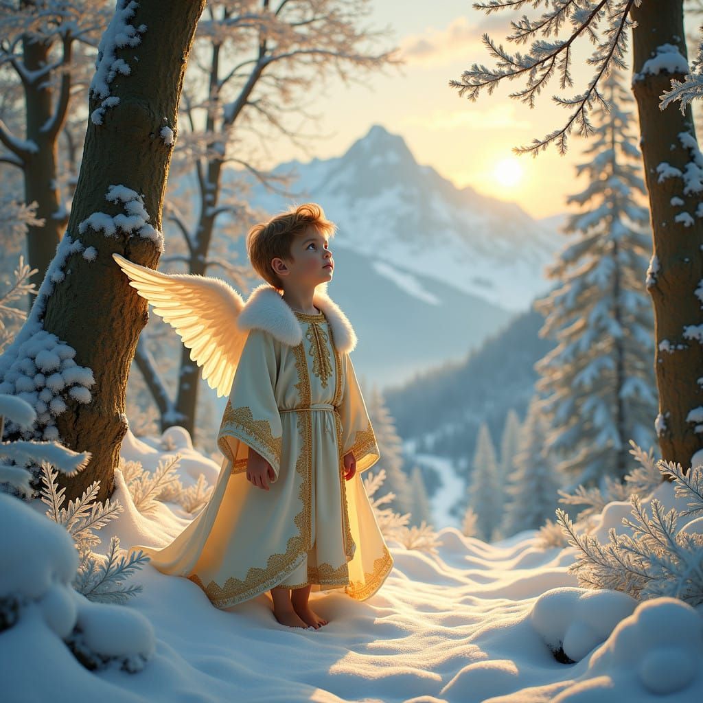 Angel Boy in Snowy Enchanted Forest