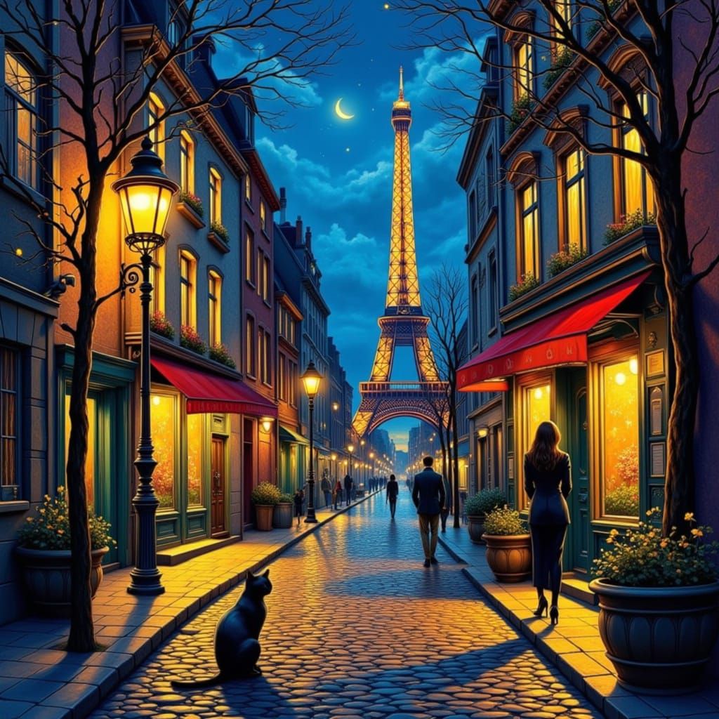 Vibrant Parisian Street at Dusk in Impressionistic Style