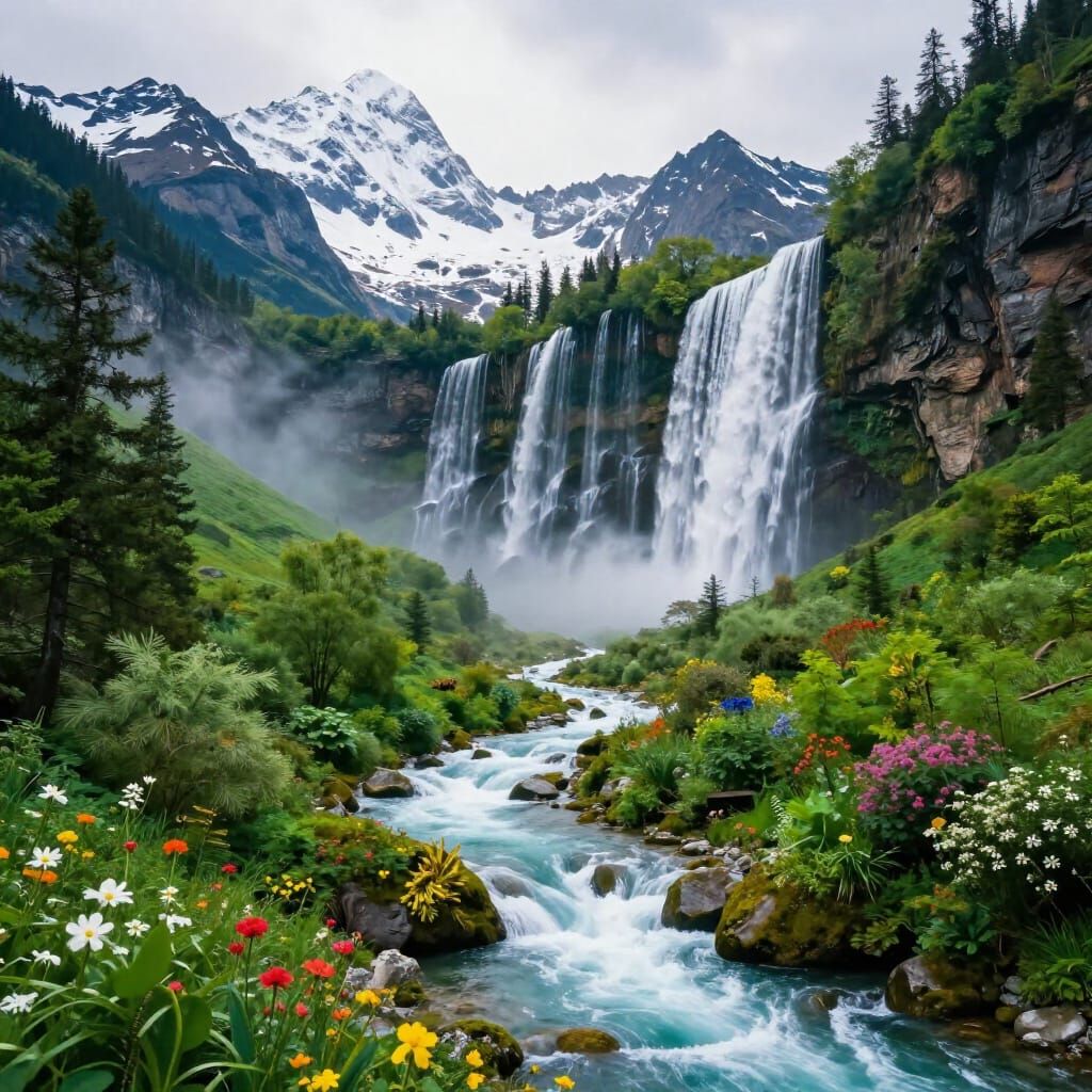 Majestic Waterfall From Snowy Peaks to Lush Valley